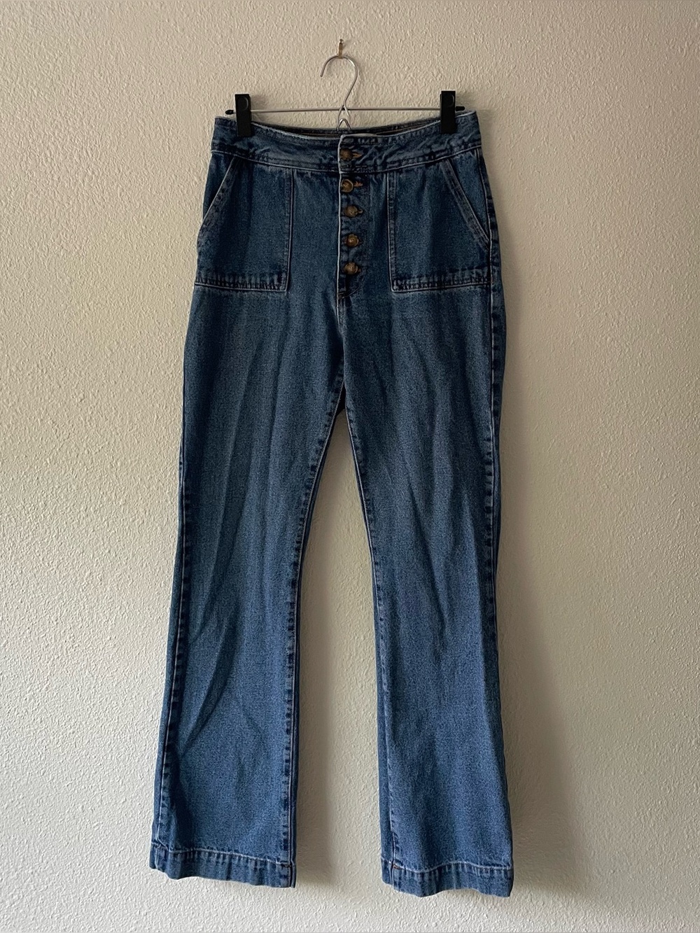 Sezane High Rise Flare Jeans FR 40 US 8 Button Fly Patch Pocket Blue Denim